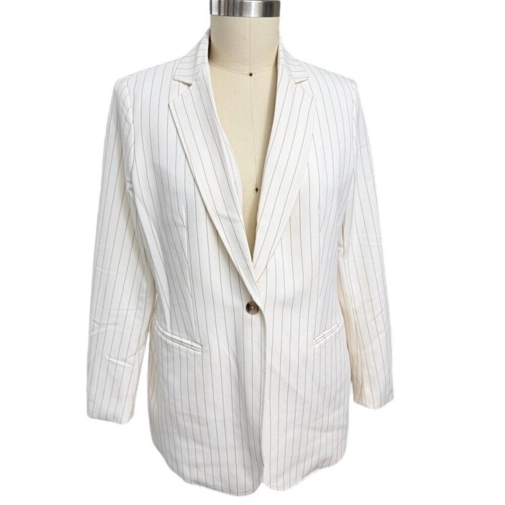 Anne Klein Vanilla Ice Latte Pinstripe Blazer Jacket Sz L NWT $139